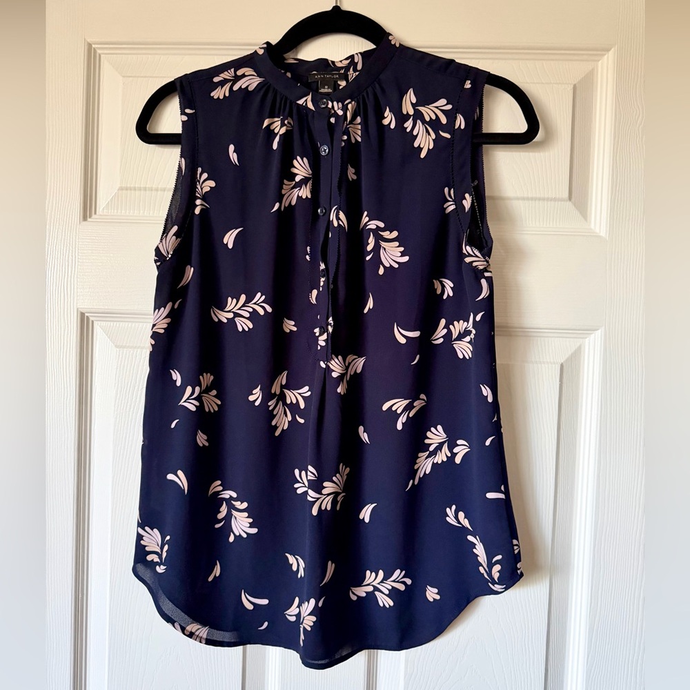 Ann Taylor Navy Blue Sleeveless Top with Pink Leaf Print